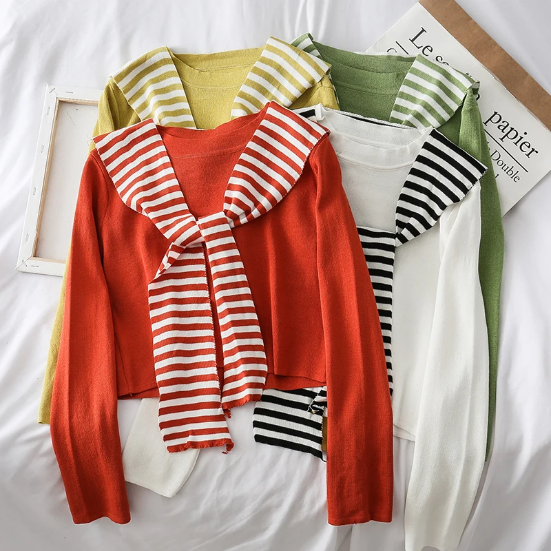 

Mooirue Autumn Thin Kintting Sweater Shawl Korean Style Streetwear O Necl Striped Basic Harajuku Vintge Tops Solid Pullover