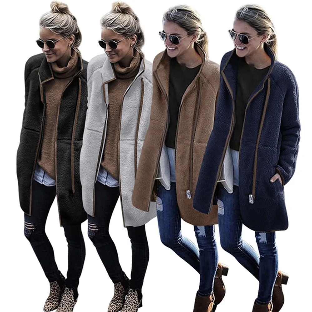 

Winter Clothes FOr Women 2020 fashion high collar color matching long coat zipper pocket Plush cardigan for women