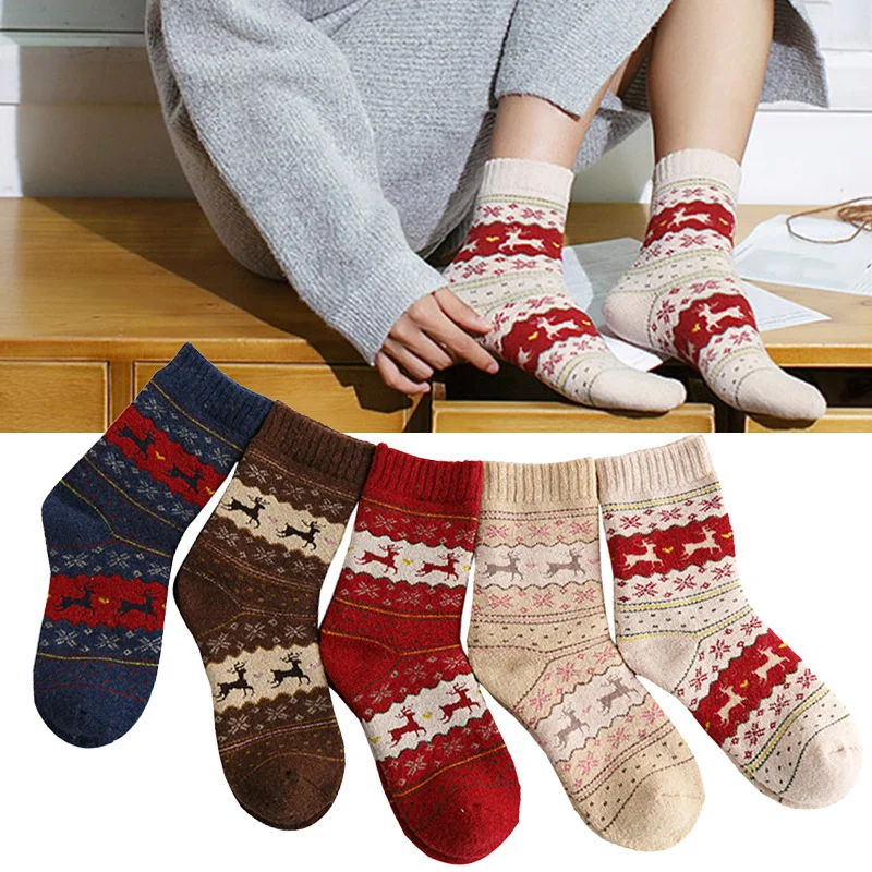 

1Pair Christmas Socks Cotton Wool Snowflake Deer Winter Warm Socks Women Girls Xmas Home Boot Sox