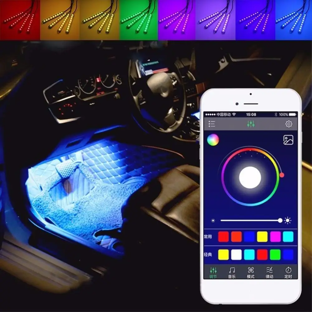Светодиодсветодиодный напольная лампа RGB для салона автомобиля с 4 полосками и