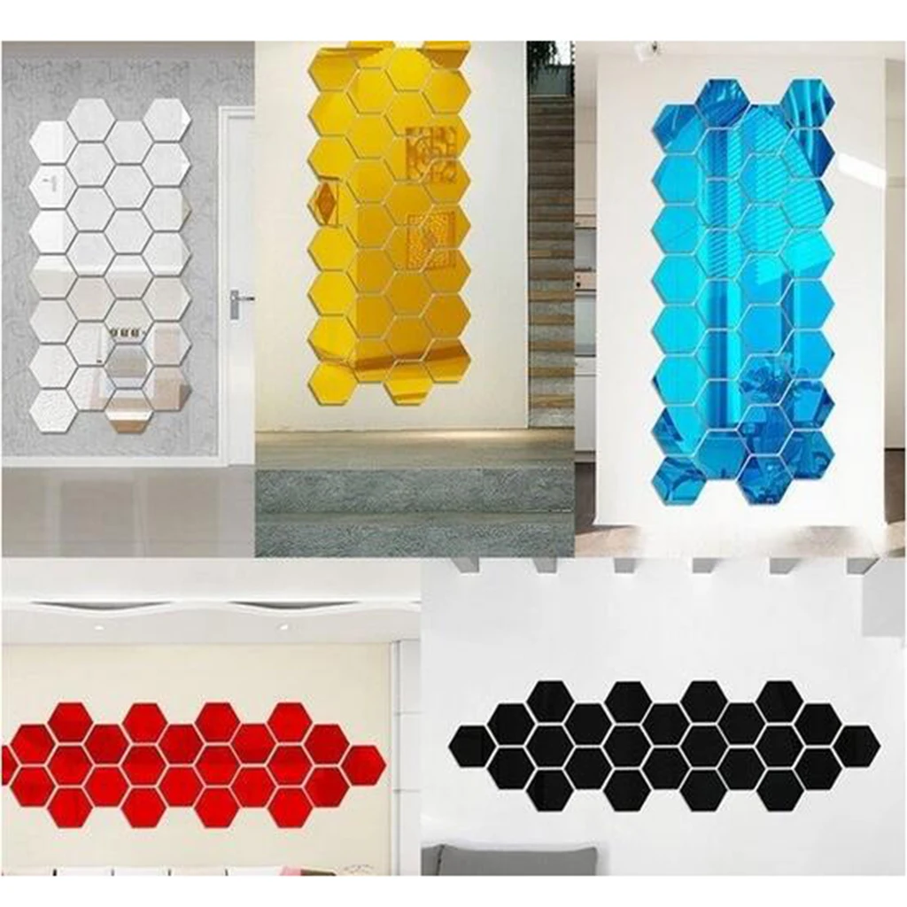 12pcs Mirror Wall Stickers Art Decal Removable Completely Non-toxic and Non-friable Hexagon House Decor