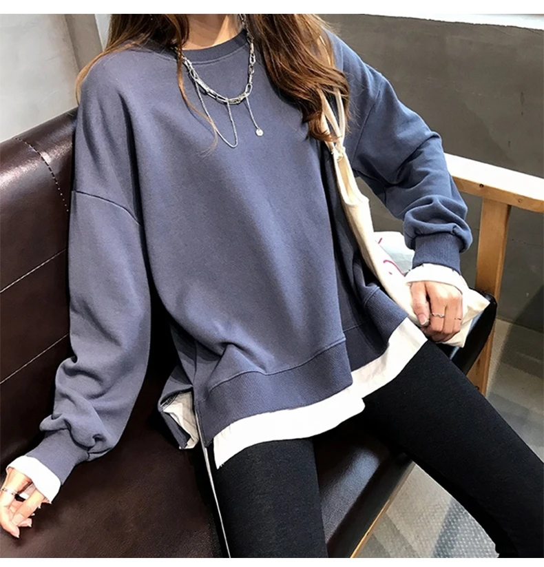 Harajuku Sudadera Mujer, осенне-зимний тонкий хлопковый свитер, свободные толстовки в стиле пэчворк, Женские однотонные спортивные костюмы из двух частей