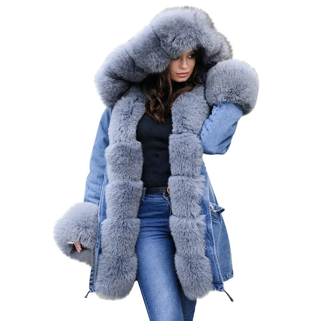 Womail/флисовая зимняя джинсовая куртка с капюшоном; пальто с длинным рукавом; сезон зима ; Женская куртка; большие размеры - Цвет: GY