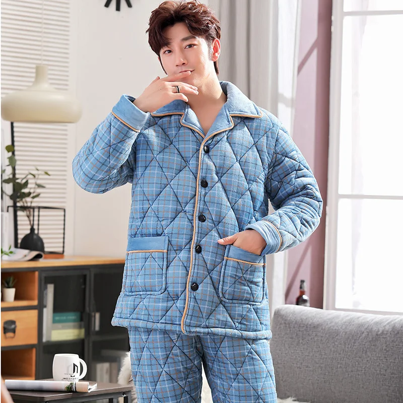 Новое поступление небесно голубая клетчатая стеганая Пижама Мягкая Мужская