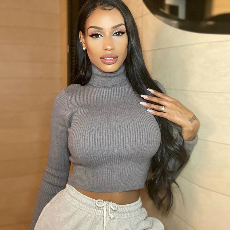 

Women's Knit Shirts Long-sleeved Solid Color Casual High-neck Umbilical Close-fitting Basic Knitted Top Women Cropped Pullovers