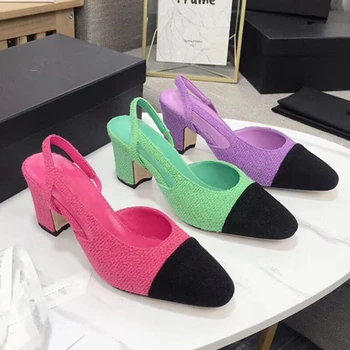 

Candy COlor Woman High Heels Shoes Sexy Cloth Chunky Heels Sandals Luxury Design Women Summer Pumps Singback High Heels Shoes 39