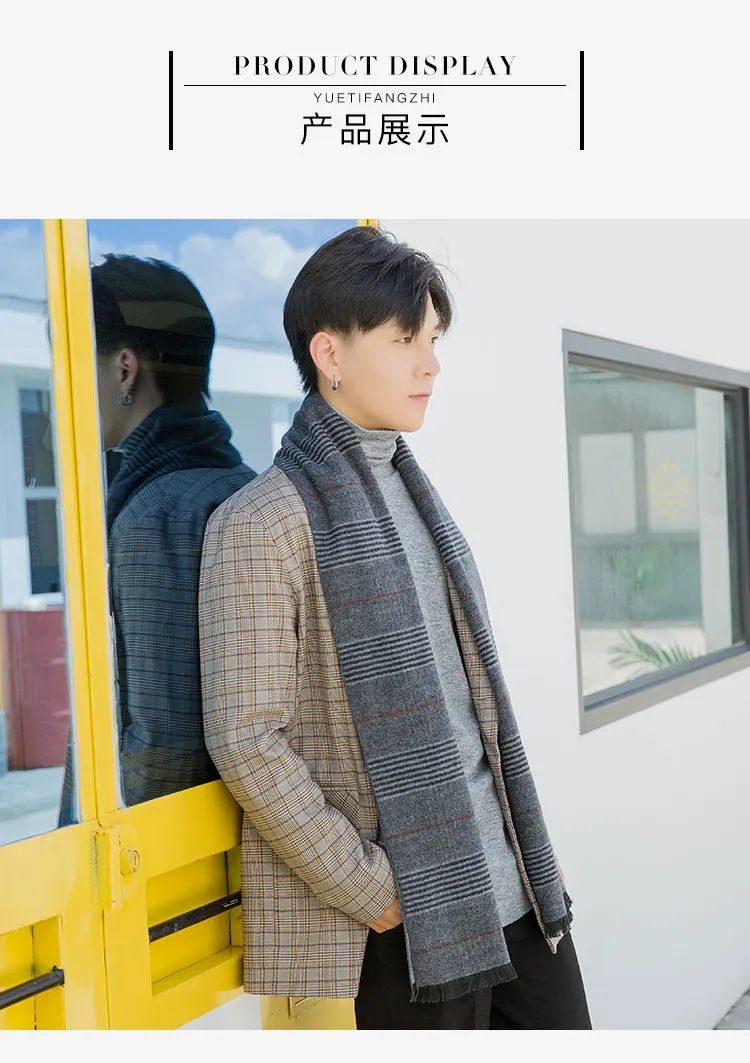 Fall and Winter New Stripe Cashmere-like Men's Scarf Japanese and Korean Printed Heating Mid-long Neck Male Manufacturers Wholes