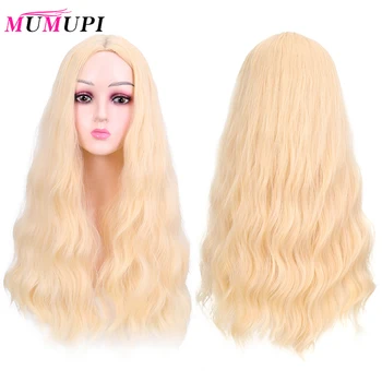 

MUMUPI Long Curly Wigs Blonde Water Wave Synthetic Wig for Women Natural Middle Part Heat Resistant Hair