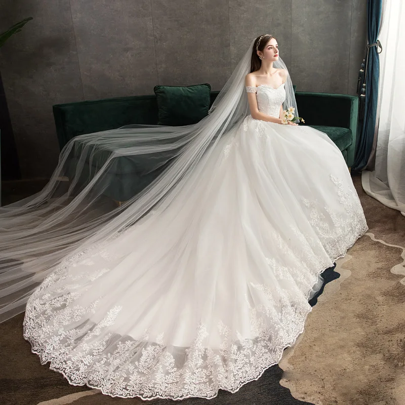 Lace Wedding Dress 2022 Embroidery Elengt Boat Neck Sweep Train Off The Shoulder Princess Luxury Dresses | Свадьбы и торжества