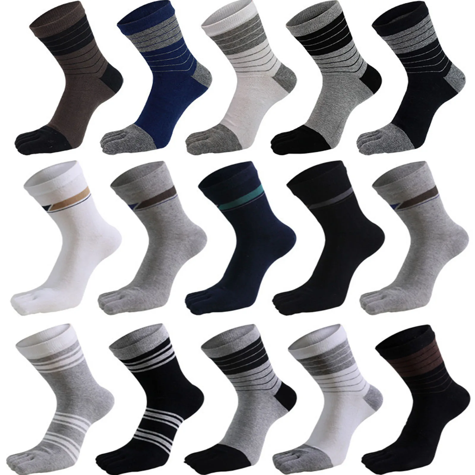 

5Pairs Mens Striped Five Finger Socks Assorted Color Pure Cotton Casual Mid-calf Toe Socks with Heel