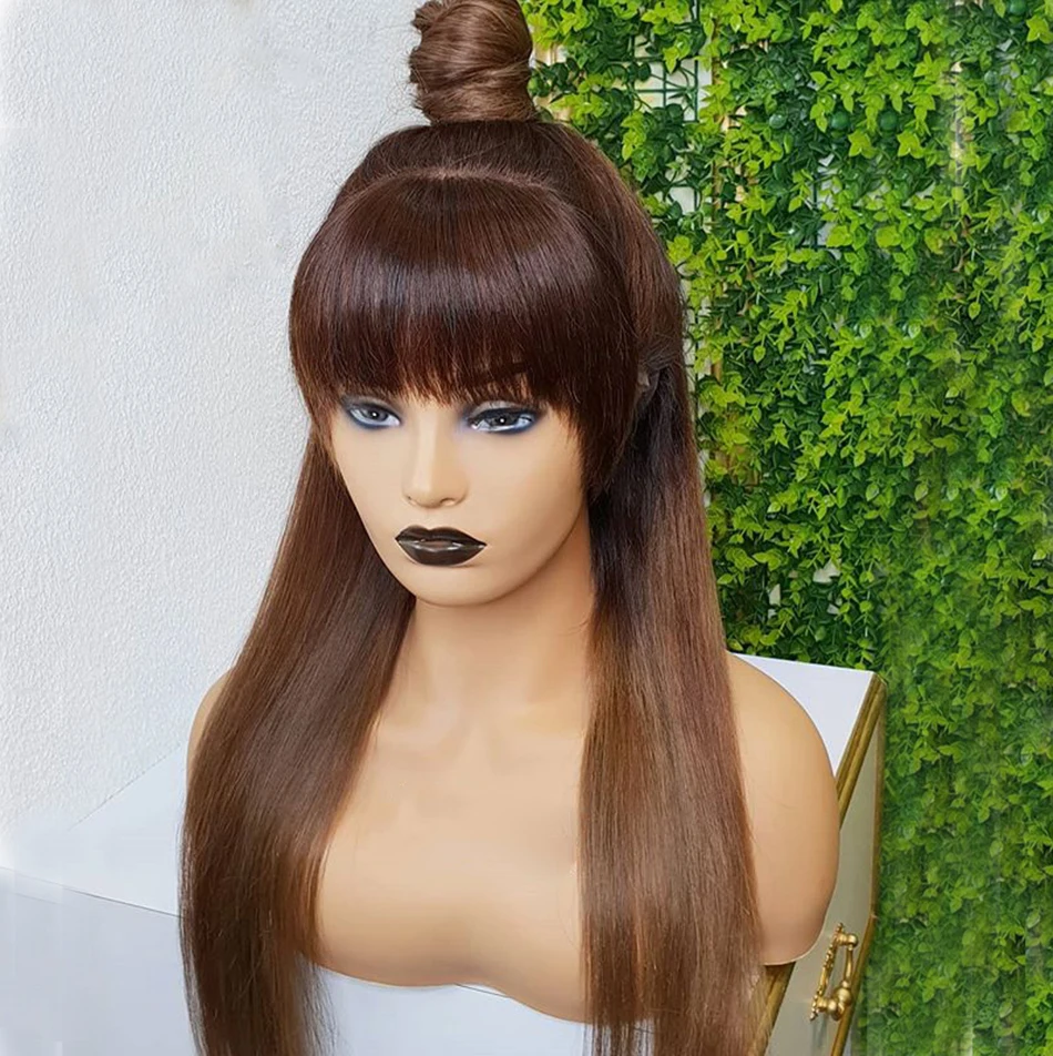 

Brazilian Silky Straight Human Hair Ombre Brown Lace Front Wigs for Black Women with Bangs 150Density Full Lace Human Hair Wigs