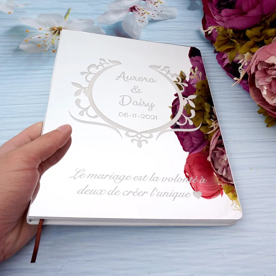 Acrylic Mirror Cover Flowers Design Guest Book Unique Bride & Groom Memory Album,Wedding Party Decoration Newlyweds Gift