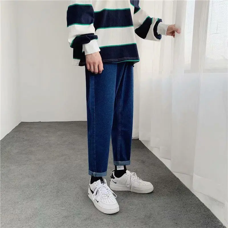

Korean-style Solid Color Jeans Men's Popular Brand Loose Straight Long Pants Hong Kong Style Trend Students Capri Casual Pants M