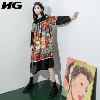 

HG Vintage Art Printing Dress Women Bow Bandage Autumn Winter Clothes Women Fashion Loose Elegant Ladies Dresses 2019 New XJ2663