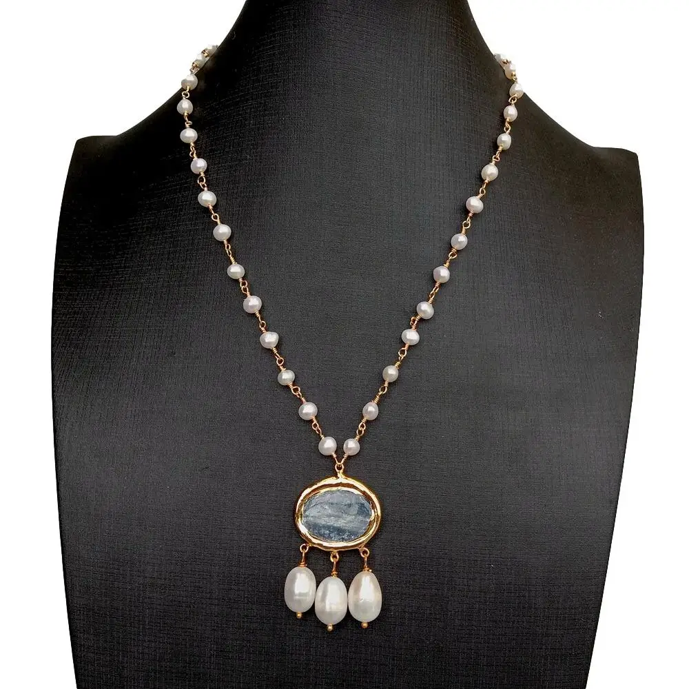 Pendant necklace Silver necklace Natural Cultured White freshwater Pearl Rosary Chain Necklace Blue Kyanite Rice Pearl Pendant 18"