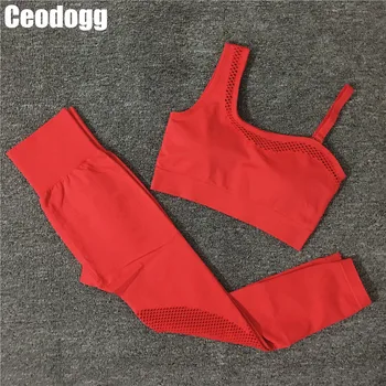 

Seamless Yoga Set Women Gym Clothing Sportswear Hollow Out Yoga Leggings Pad One Shoulder Sports Bra 2 Pcs Workout Tracksuit