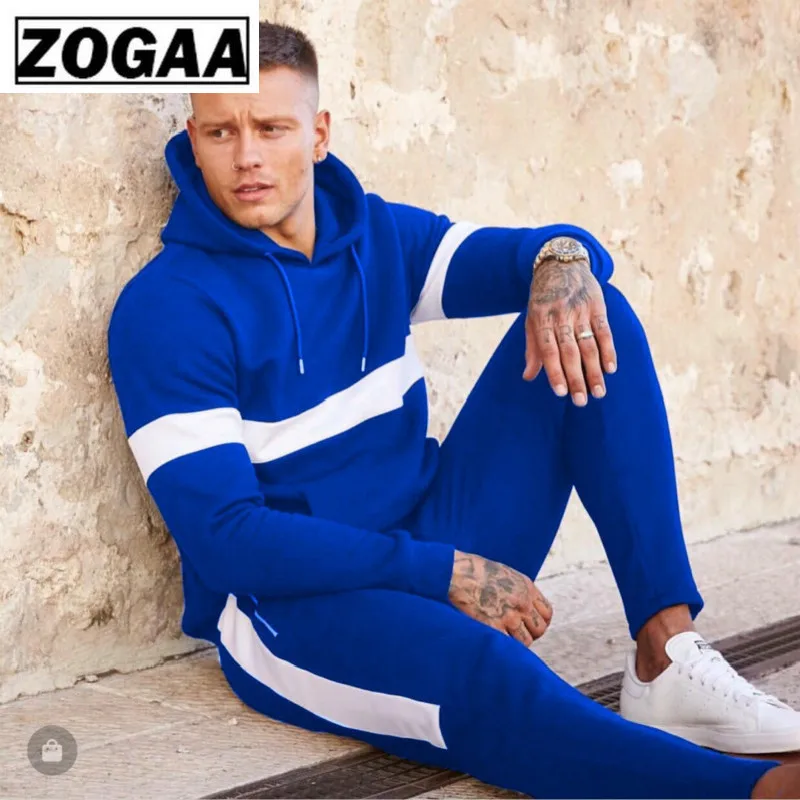 

ZOGGA Hooded Stitching Color Sports Wear for Men Gym 100% Polyester Anti-shrink/fade Men Sports Suits Breathable Trainning Sets