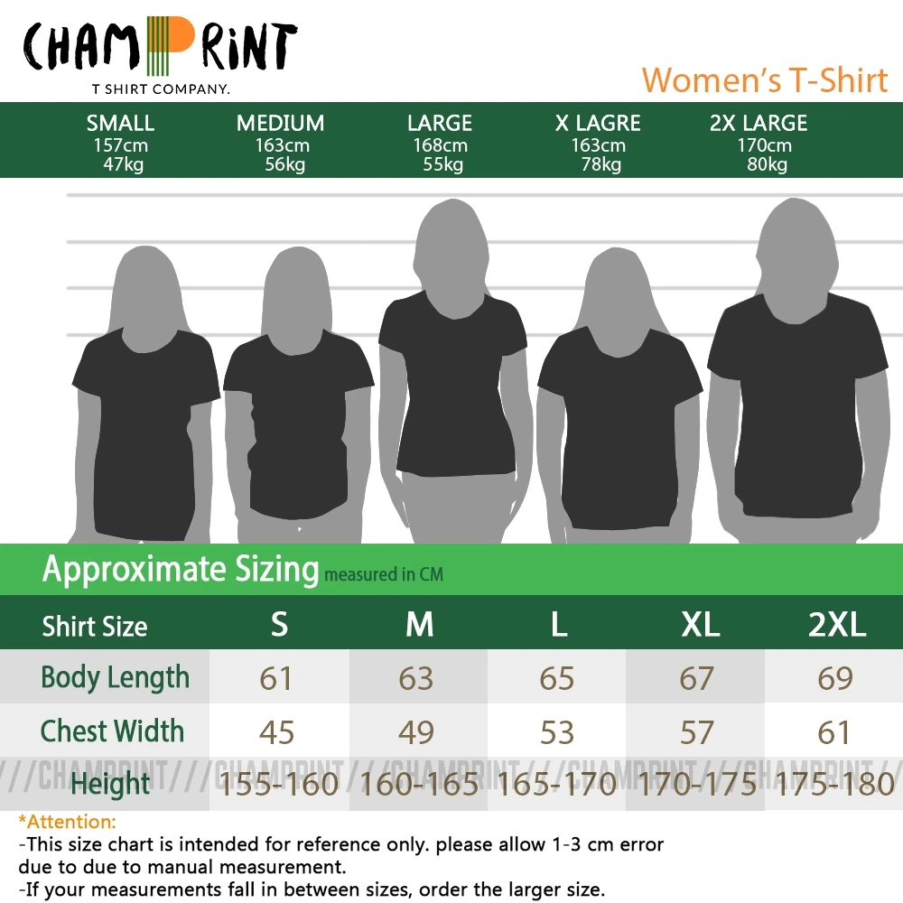 Champrint-4号店女士T恤尺码表