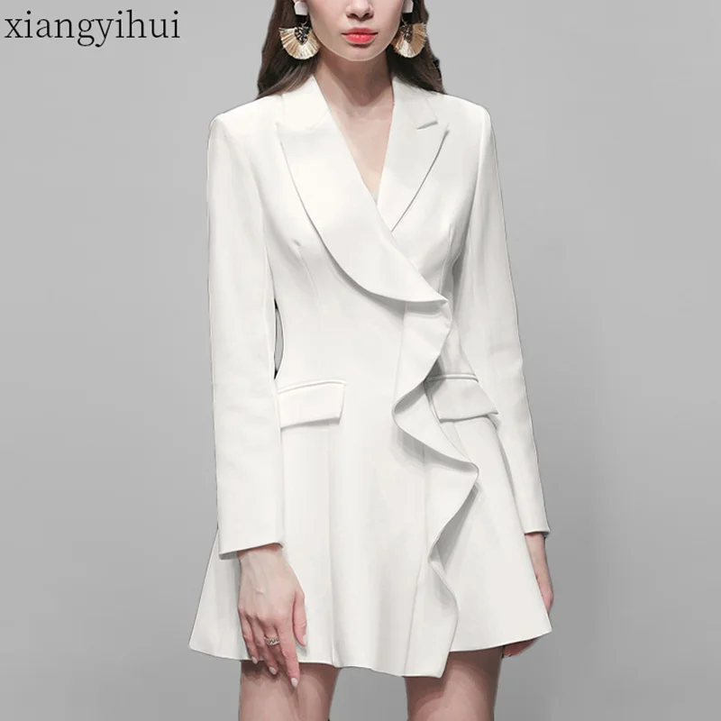 

Fashion 2020 Women White Blazer Dress Office Long Sleeve Work Mini Dress Notched Collar Female Ruffle Party Blazer Vestidos