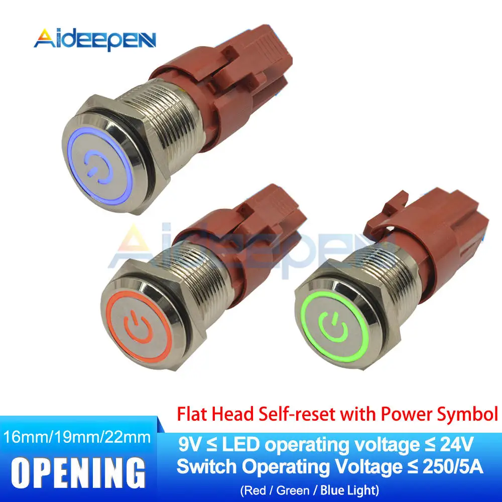 Selfreset Power sign 16 мм 19 мм 22 мм красный синий зеленый свет 250 В 5A горячий автомобиль металлический светодиодный Кнопка питания переключатель самоблокирующийся Тип ВКЛ-ВЫКЛ 9-24 В - Цвет: Selfreset Power sign