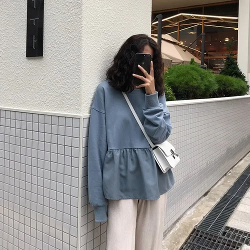 Xian 5553 lan Женская толстовка с капюшоном, толстовки, осень, harajuku, одноцветная, с оборками, с длинным рукавом, с круглым вырезом, пуловер, топы, повседневная, свободная, тонкая Толстовка - Цвет: Xian 5553 lan