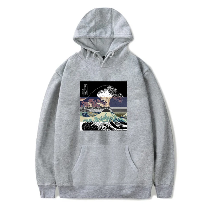 Мужская большая волна от Vaporwave цвет глюк печати толстовки Мужская Хип-Хоп мода унисекс японский Harajuku ретро мужская Толстовка - Цвет: Grey-01