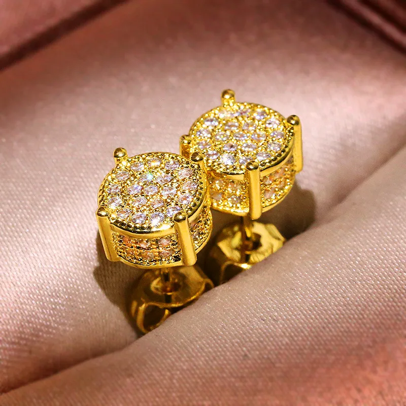 Luxury Full Crystal Round Earrings White Gold Yellow Gold Color White Zircon Stone Wedding Stud Earrings For Women Men Jewelry
