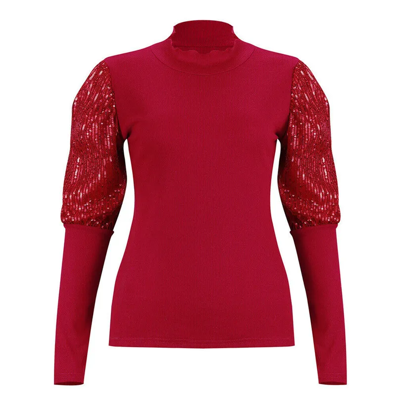 Модная женская блузка, рубашка с буфами на рукавах, с блестками, с круглым вырезом, блузы, рубашки для женщин, повседневные офисные женские топы, уличная одежда, рубашки - Цвет: Красный