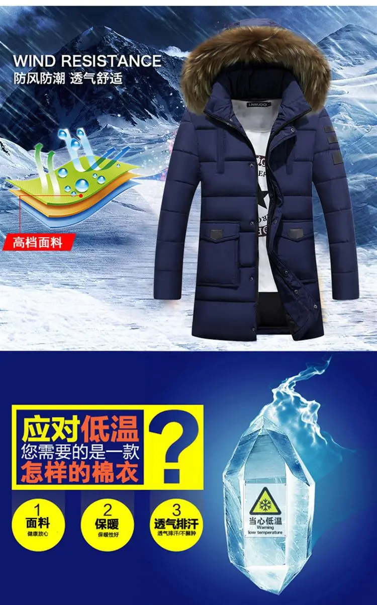Зимняя мужская куртка-парка, Новое поступление, толстое теплое пальто, длинная куртка с капюшоном, меховой воротник, ветрозащитное Стеганое пальто, модное мужское