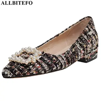 

ALLBITEFO fashion pearl decoration high heel shoes full genuine leather high heels comfortable low-heeled office women heels