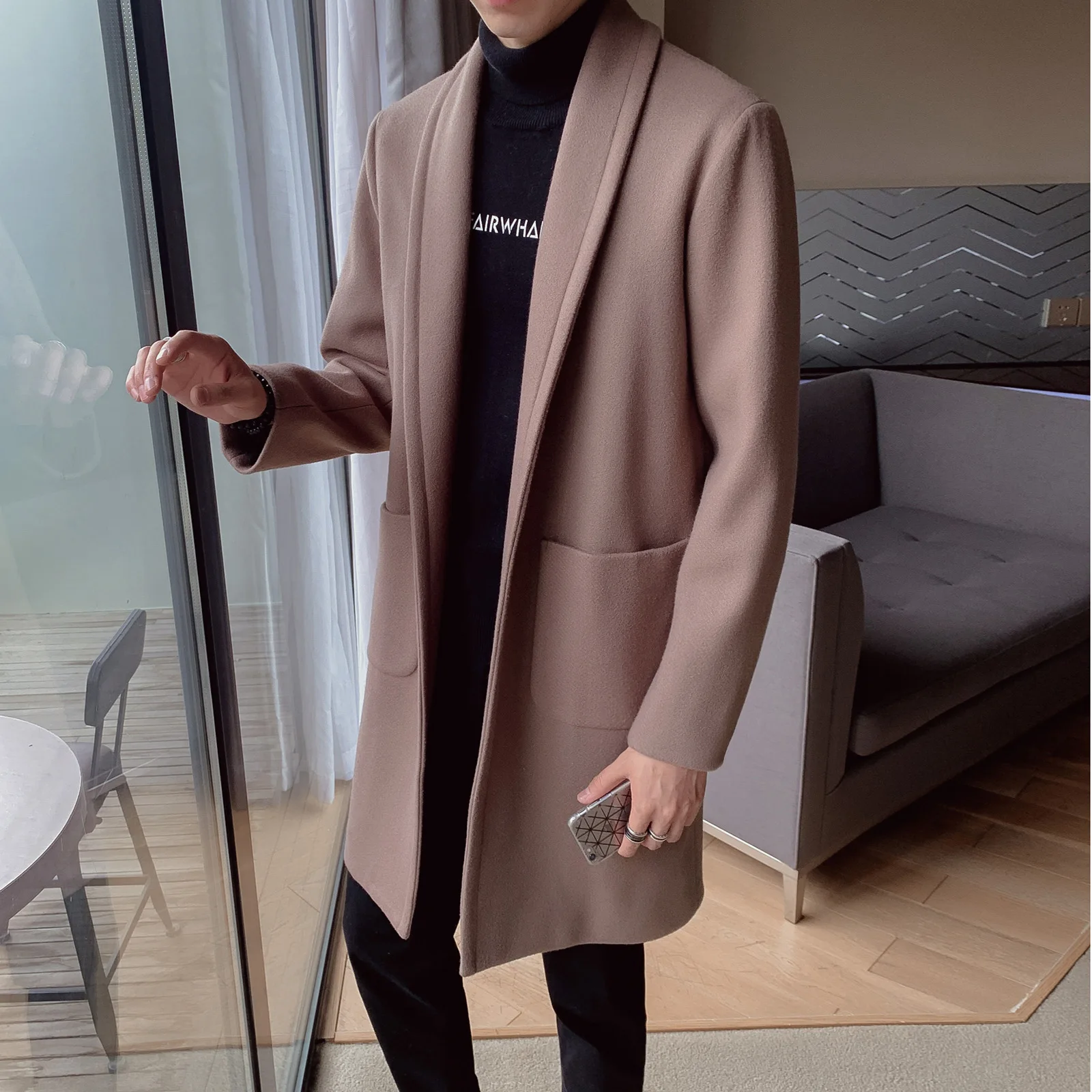 

2019 Autumn And Winter New Style MEN'S Trench Coat Korean-style Mid-length Casual No Buckle Loose-Fit Fold-down Collar Woolen Ja