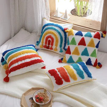 

DUNXDECO Cushion Cover Decorative Tufting Pillow Case Modern Shiny Rainbow Colorful Cushion Cover Sofa Chair Bedding Coussin