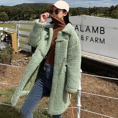 Зимнее пальто из овчины, новое женское длинное Свободное пальто из овечьей шерсти, утолщенное меховое плюшевое пальто, красная женская меховая куртка, искусственная Роскошная - Цвет: Армейский зеленый