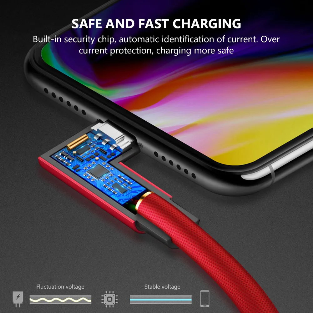 90 градусов локоть Micro usb type C кабель для передачи данных для samsung iPhone зарядное устройство Шнур быстрое зарядное устройство кабель l-образный сильный плетеный