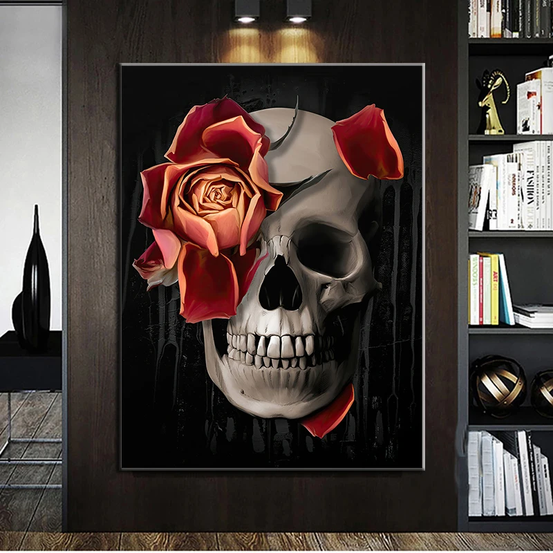 

Halloween Gift Skull Flower Canvas Painting Wall Art Skeleton Poster and Prints Modern HD Picture Cuadros Living Room Home Decor