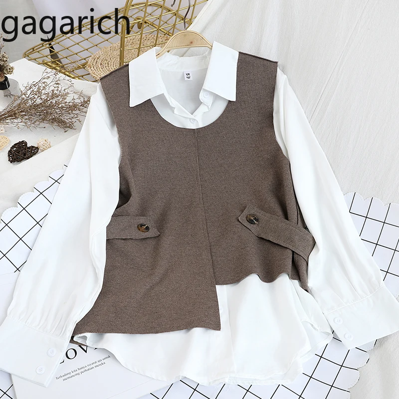 

Gagarich Women Blouse 2 Piece Set Fashion Iregular Pullover Button Waistcoat Solid Casual Turn Down Collar Full Shirt Suit