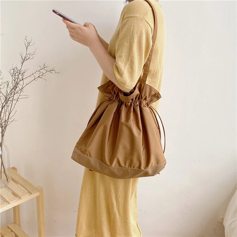 Girls beach bag new solid color fold canvas handbag drawstring soft shoulder 01-SB-gxzzfb | Багаж и сумки