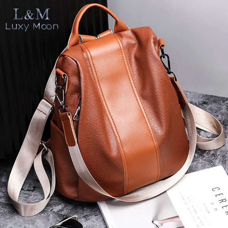 

Female Anti theft Backpack Classic Soft Leather Panelled Backpacks For Women Retro Shoulder School Bag mochilas escolares XA605H