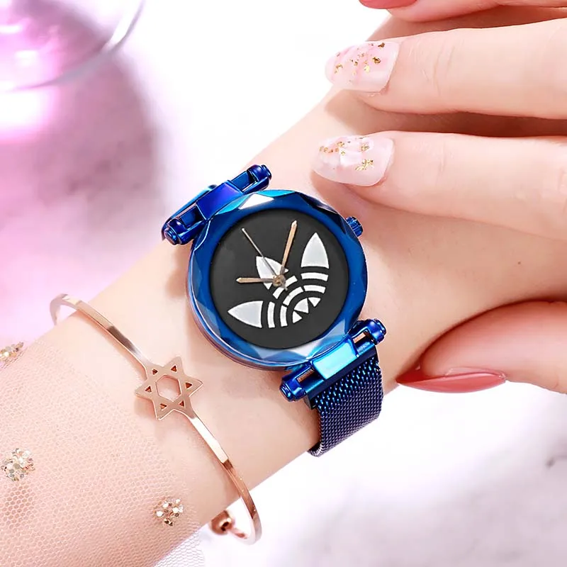 Роскошные женские часы из розового золота, модные женские часы с бриллиантами, звездное небо, магнитные часы, водонепроницаемые женские наручные часы для подарка - Цвет: Blue black