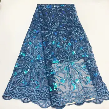 

2019 3d French Nigerian Lace Fabrics Sky Blue Tulle African Laces Fabric Gold Line Lace Embroidered Mesh Fabric For Party Dress