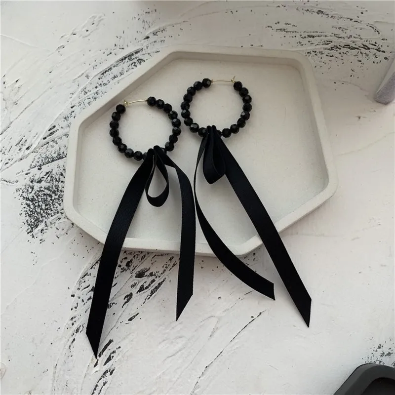 Crystal Earrings Long-Ribbon Geometric Korean Black Women Circular-Modelling Temperament