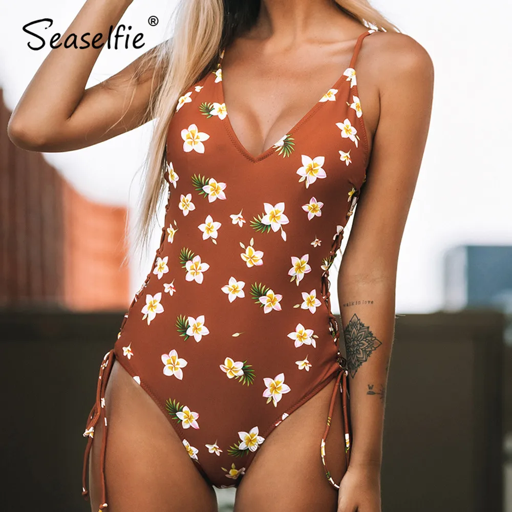 SEASELFIE, Цветочный, v-образный вырез, Цельный купальник для женщин, сексуальный, открытая спина, на шнуровке, с мягкими чашечками, монокини,, пляжный купальник, купальник