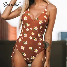 SEASELFIE, Цветочный, v-образный вырез, Цельный купальник для женщин, сексуальный, открытая спина, на шнуровке, с мягкими чашечками, монокини,, пляжный купальник, купальник