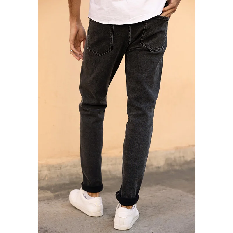 KUEGOU 2022 Spring Thicken Jeans Men Black Plain Slim Pocket Denim Pants Male Wear Trousers 1975