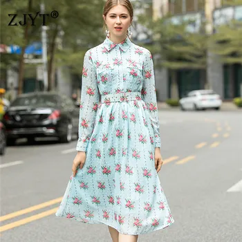 

Women New Fashion 2020 Spring Dress Runway Designers Long Sleeve Floral Print Aline Mid Calf Sweet Casual Dress Female Vestidos