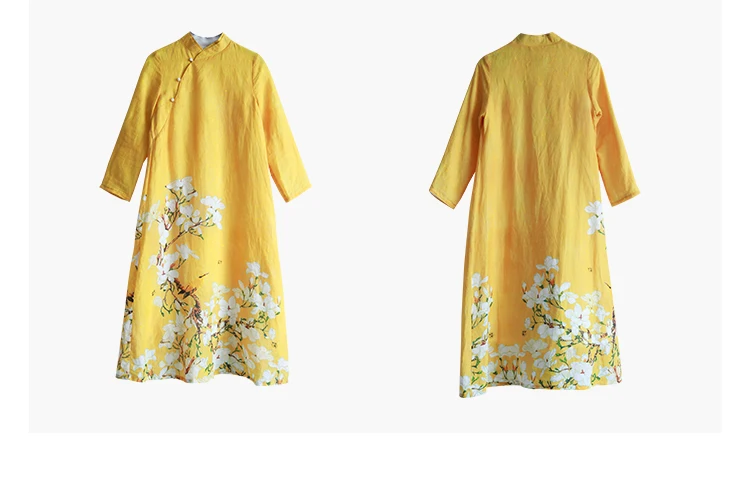 LZJN женское осеннее платье новое китайское традиционное печатное желтое длинное платье с длинными рукавами этнический свободный халат Vestido