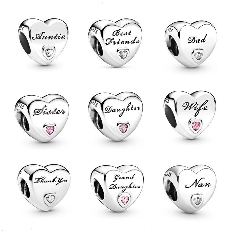 

NEW 925 Sterling Silve pan Heart Charms Daughter Dad Wife Best friends Nan Thank you DIY beads Gift