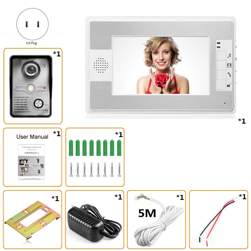 

7 Inch Visual Intercom Doorbell TFT LCD Wired Indoor Monitor 1000 TVL Outdoor IR-CUT Camera Support Unlock (US Plug)
