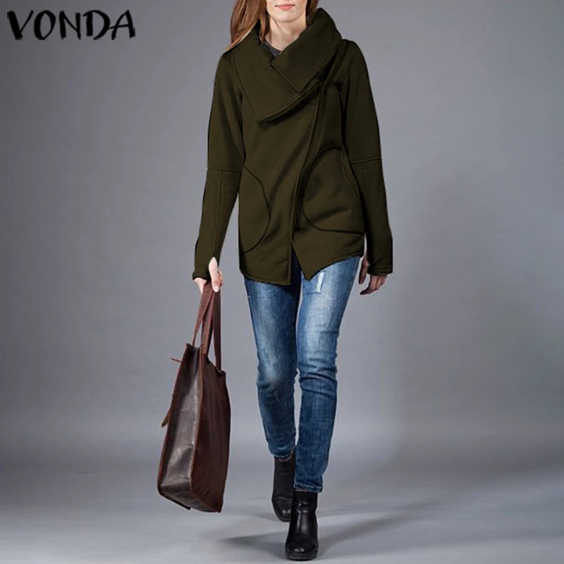 

VONDA Womens Fashion Autumn Winter Clothes Warm Jackets Slant Zipper Collared Coat Lady Clothing Female Plus Size Jackets S-5XL