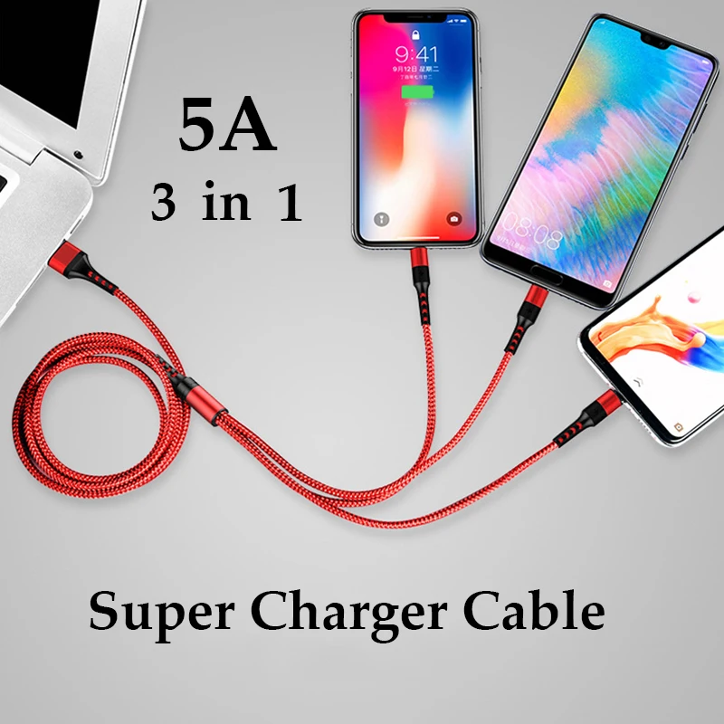 

5A 3 in 1 nylon USB cable Type-C Micro USB Super Charger kable for Iphone 11 xiaomi mi 10 Huawei USB fast charging Data Cable